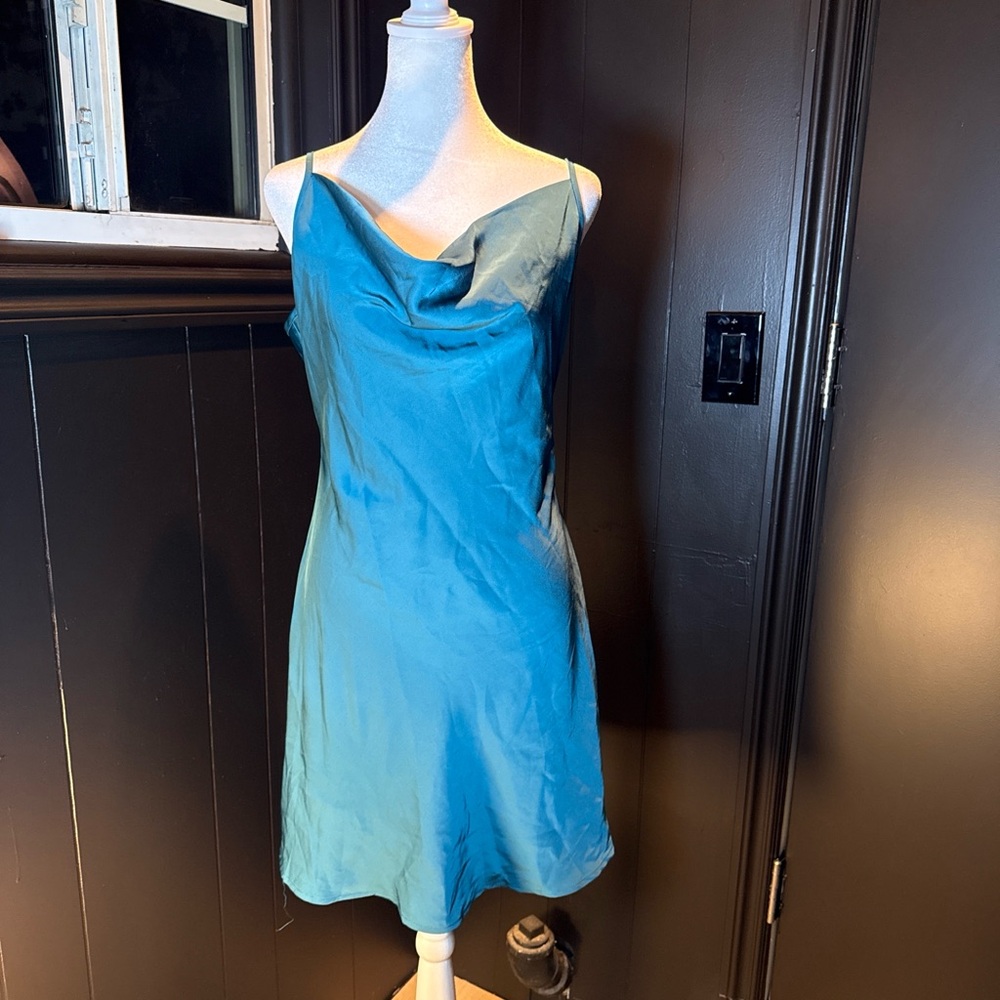Satin Cowl Neck Slip Dress in Teal